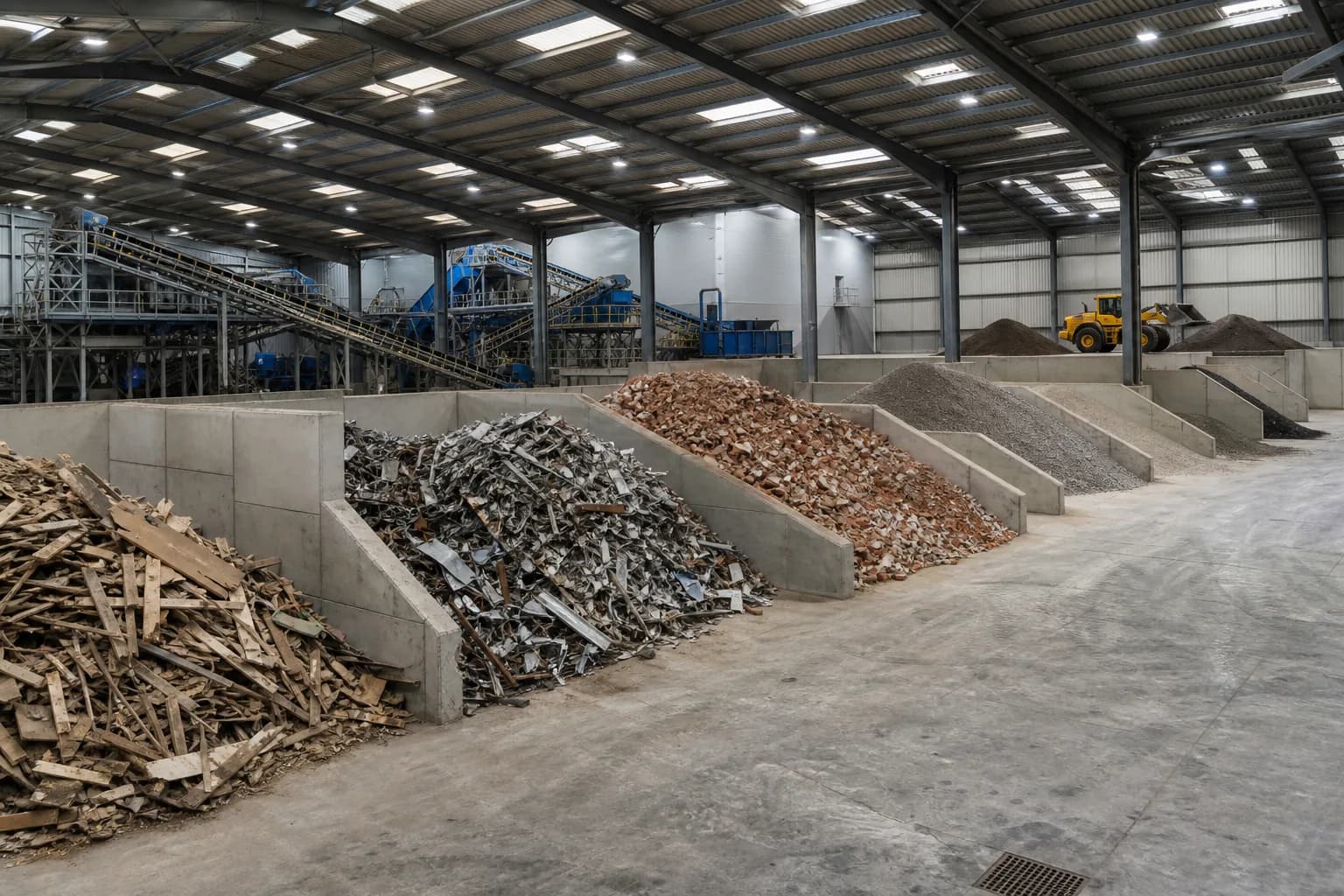 Waste recycling and sorting facility with separated piles of timber, metal and aggregate