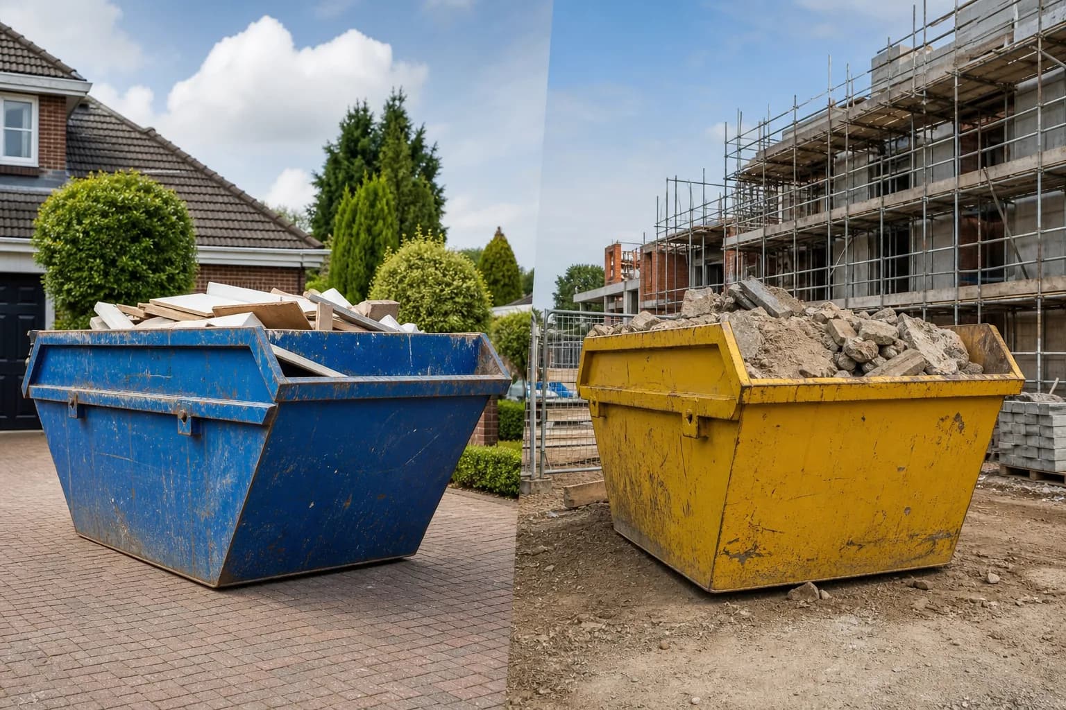 Skips in use at both a home and a commercial construction site