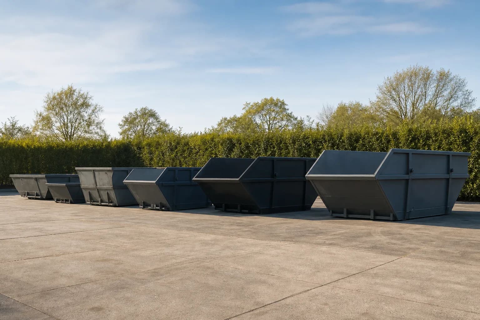 A row of clean steel skips in assorted sizes at the UK Skip Hire yard